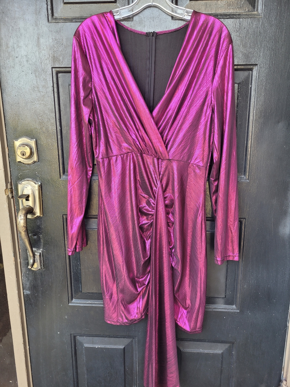 Metallic Fuchsia Long Sleeve Wrap Dress